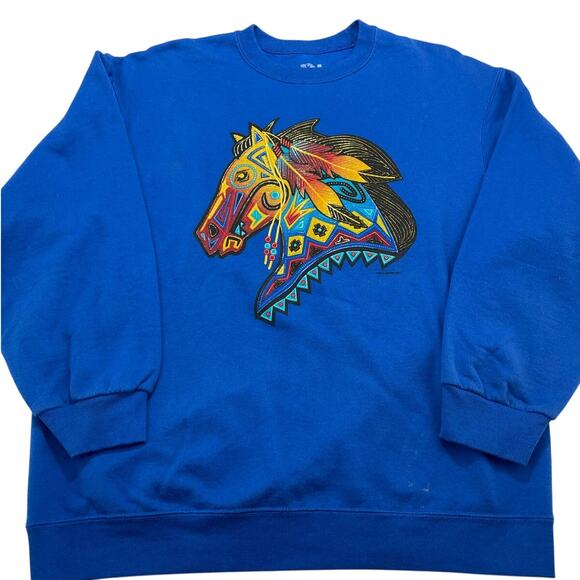 Vintage Painted Horse Native American Tribal Sweatshirt size L Blue - Picture 1 of 9